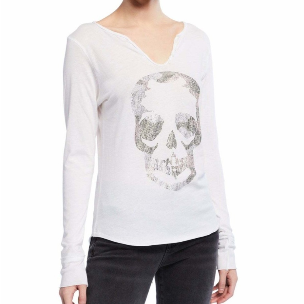 Zadig & Voltaire White Henley Tunisien Tee Top with Rhinestone Skull